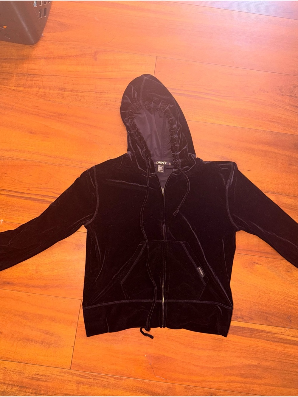 DKNY Black Velvet Hooded Zip Jacket